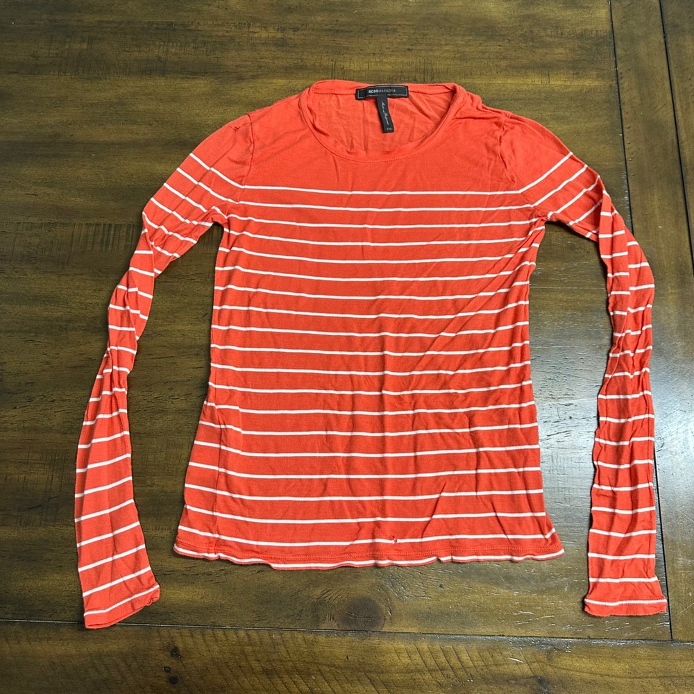BCBGMAXAZRIA‎ Callan Striped Long Sleeve Top Coral Orange White XXS